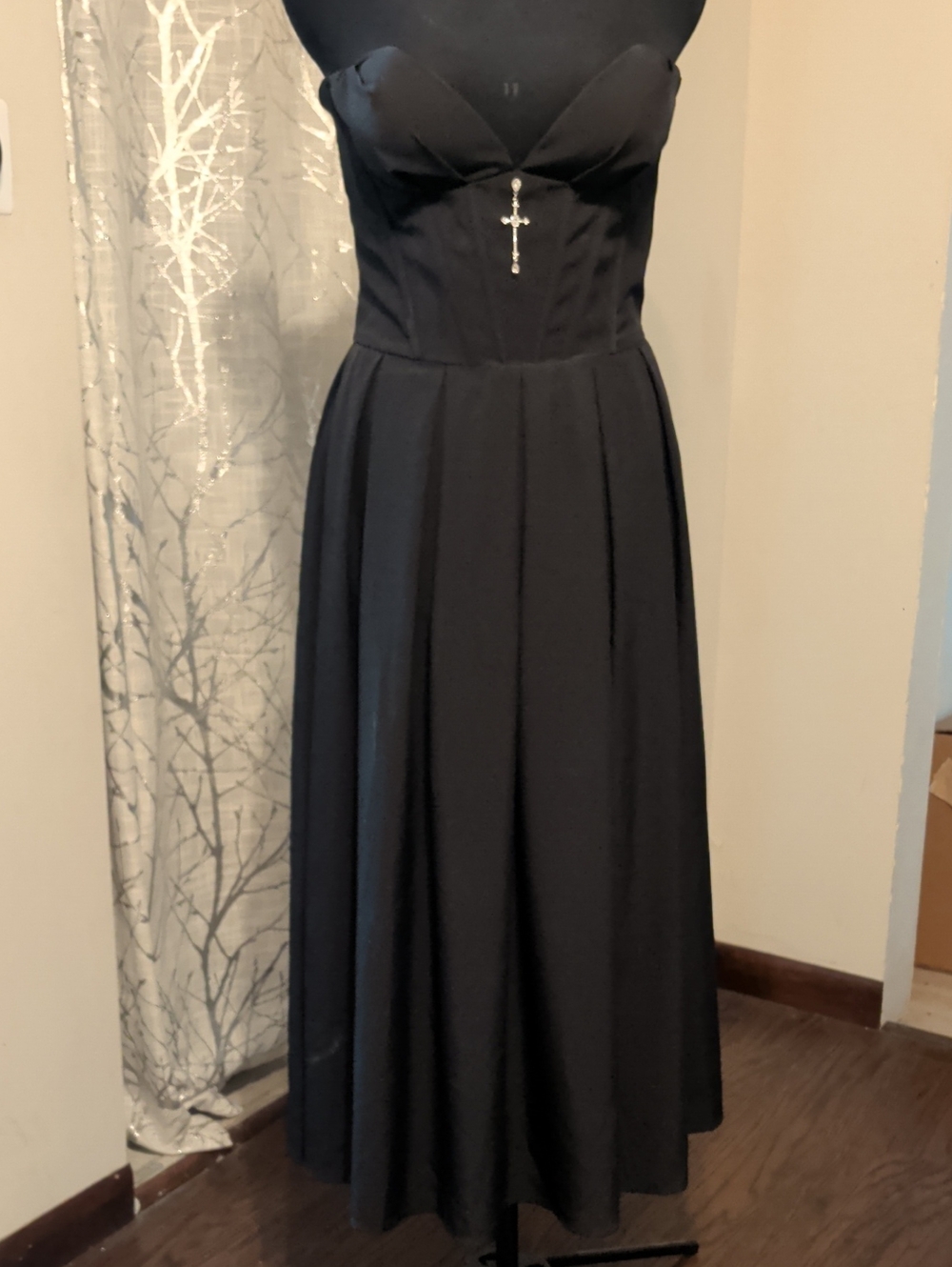 Black Strapless Midi Dress with Corset Bodice with pockets